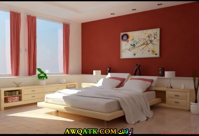 غرفة نوم مودرن باللون الأحمر والبيج