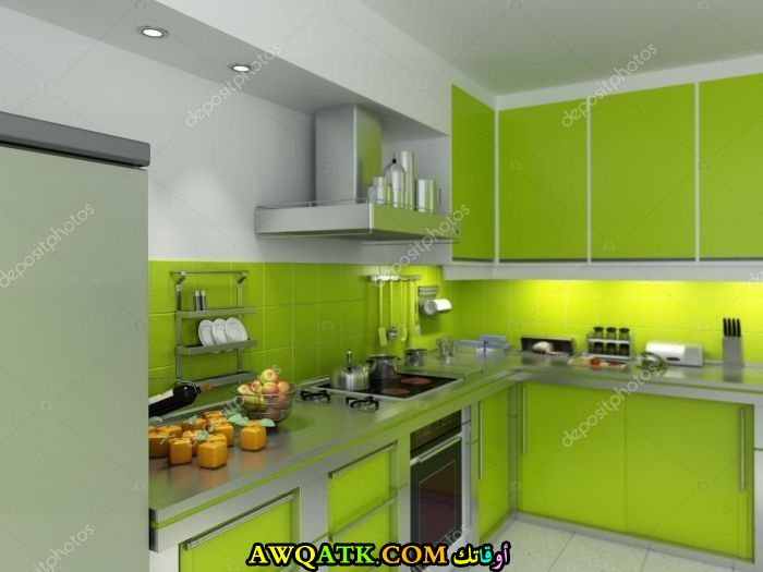 مطبخ باللون الأخضر جديد وجميل 