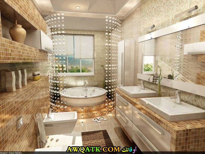 ديكور حمام حجر طبيعي جبس بورد باركيه خشب