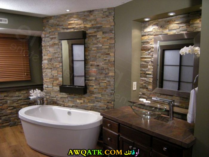 ديكور حمام حجر طبيعي جبس بورد باركيه خشب